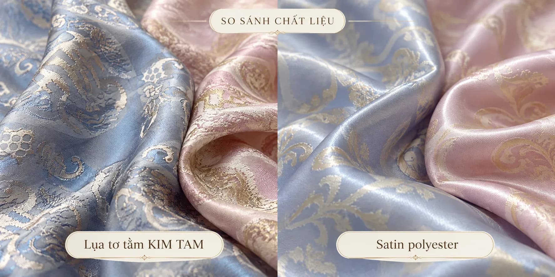 So sánh độ óng của lụa tơ tằm và satin polyester dưới ánh sáng